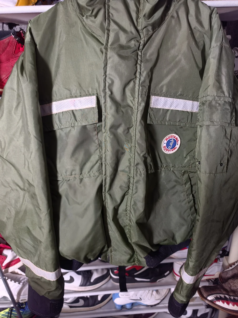 🔥 Men's XL Flotation Olive Green Military Field Jacket Reflective Trim Mustang